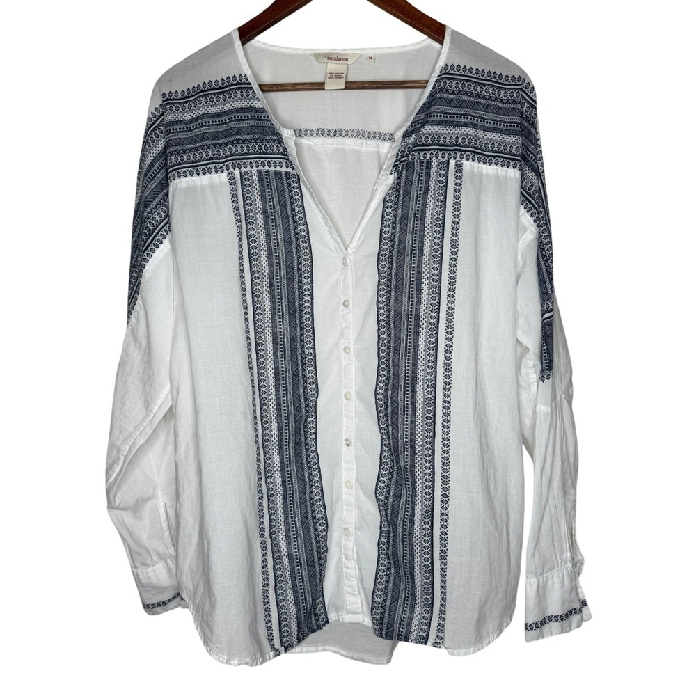 Sundance Boho Peasant Blouse Top White Blue Size 14 Button Down Long Sleeve